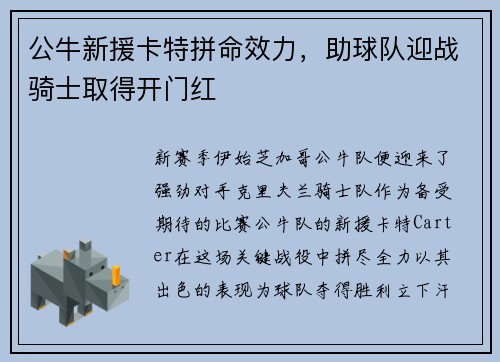 公牛新援卡特拼命效力，助球队迎战骑士取得开门红